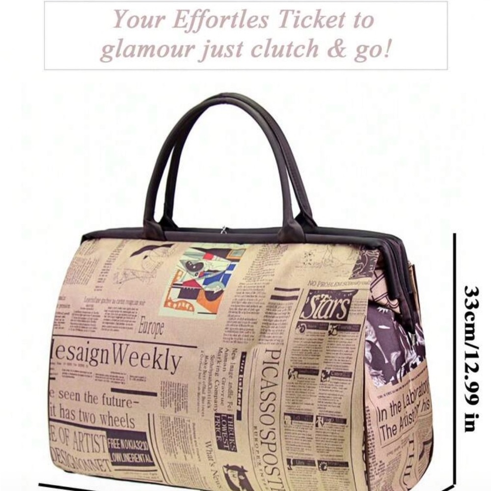 Newspaper Print Travel Duffel Bag - Beige - Picture 3 of 3